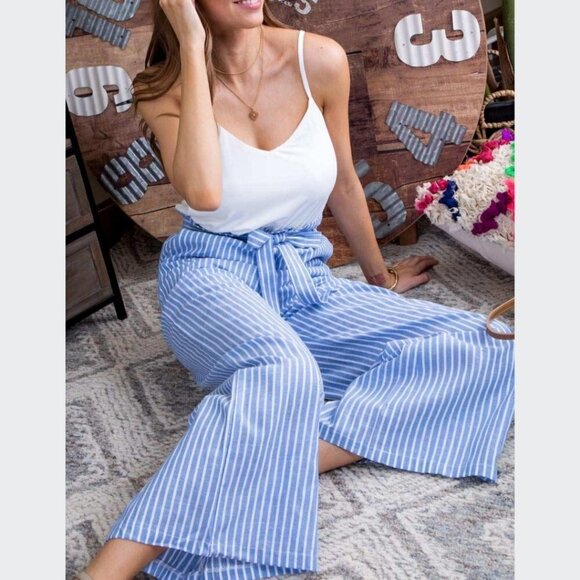 Blue White Contrast Stripe Ruffle Waist Jumpsuit - Picture 3 of 4